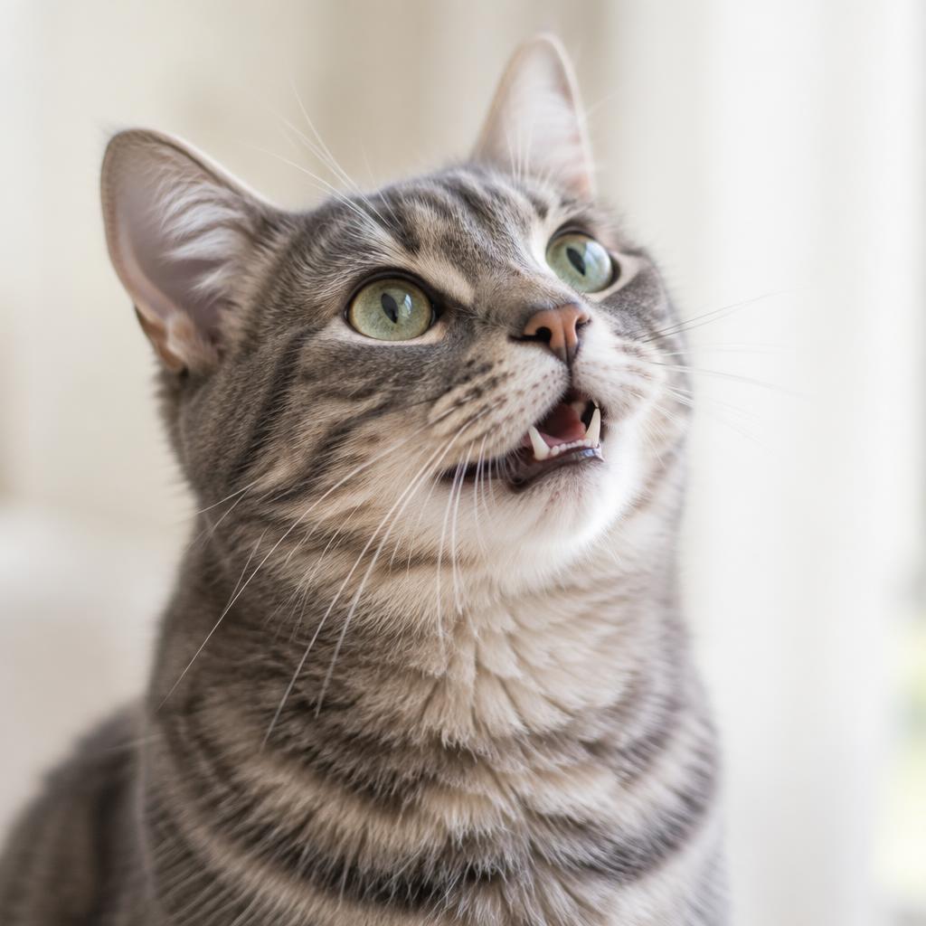 Close-up of a tabby cat mid-meow