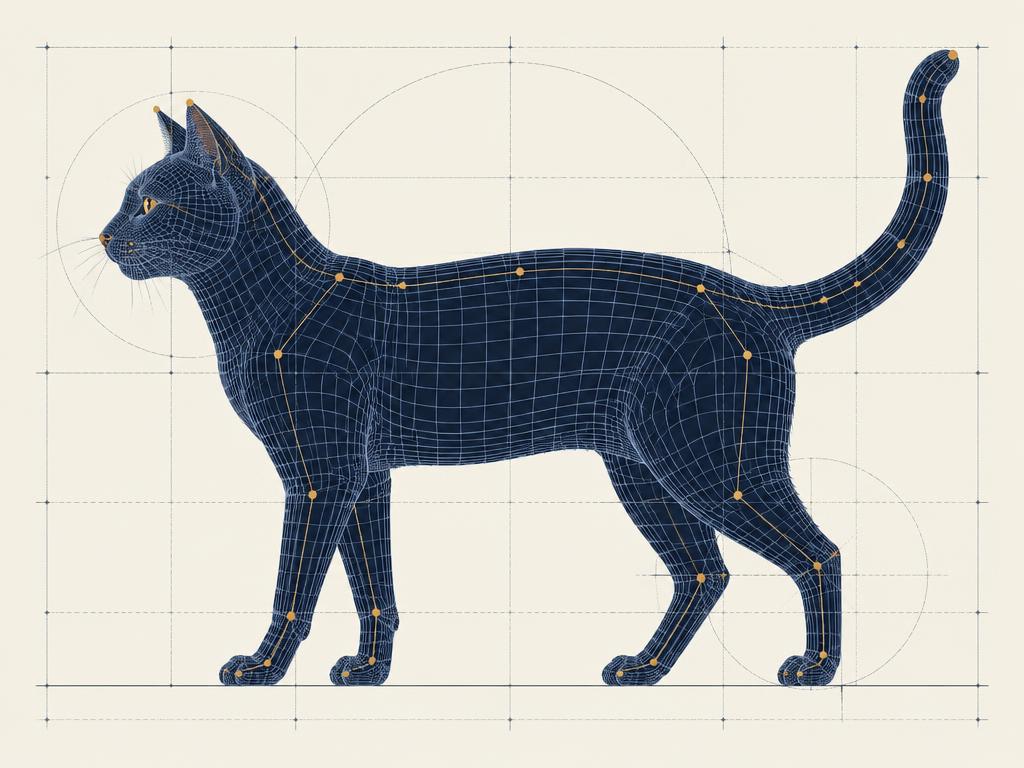 Wireframe diagram of a cat with signal keypoints marked